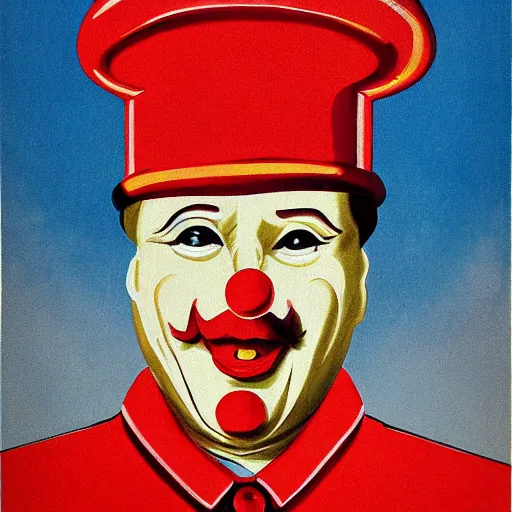 Prompt: communist clown painting, soviet propaganda style, poster