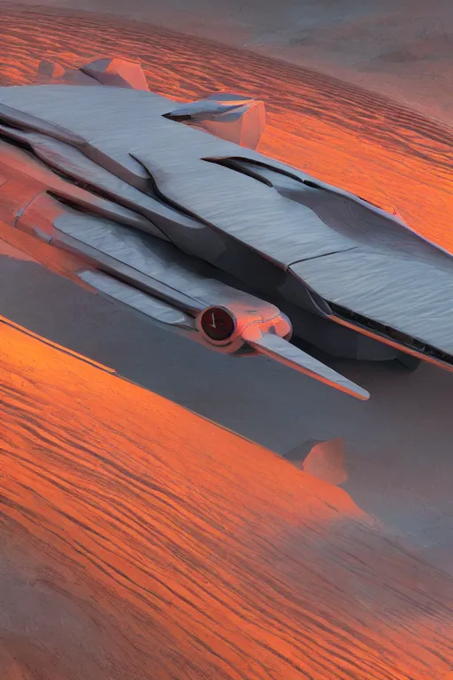 Image similar to professional photograph of a beautiful neo - futuristic simplified symmetrical space fighter docked on a desert plateau by ilm, denis villeneuve, emmanuel shiu, zaha hadid, vapor, cinematic architectural scale, red paint detail, manga, dramatic, volumetric, concept art, hard surface, hyperrealism, high detail, trending on artstation, sharp focus, rendered in octane