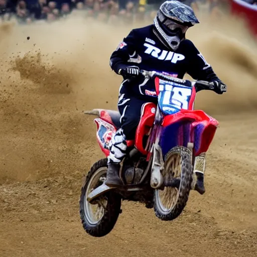 Image similar to trump riding motocross doing a wheelie