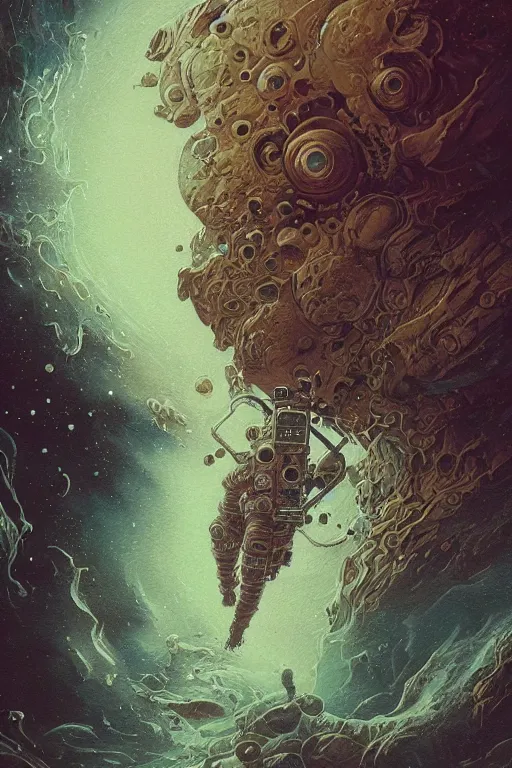 Image similar to close up shot of an astronaut portrait fading into the aether, water elemental, james gurney, peter mohrbacher, mike mignola, black paper, mandelbulb fractal, trending on artstation, exquisite detail perfect, hyper detailed, intricate ink illustration, black background