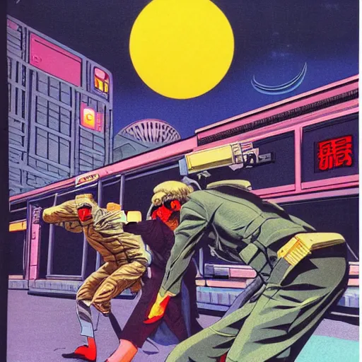 Prompt: 1979 OMNI Magazine, Anime Neo-tokyo bank robbers fleeing the scene with bags of money, Highly Detailed, 8k :4 by Vincent Di Fate : 8