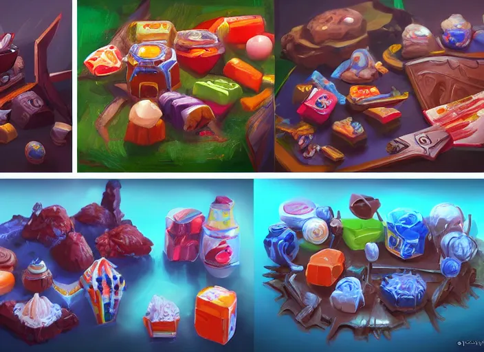 Prompt: game assets for a game candy themed, oil painting by jama jurabaev, extremely detailed, brush hard, artstation, for aaa game, high quality, brush stroke