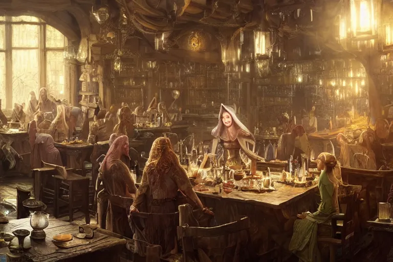 Prompt: Beautiful hyperrealistic detailed matte portrait painting of an elf in a tavern that looks like it's from lord of the rings and bazaar by greg rutkowski, andreas rocha and john howe, and Martin Johnson Heade,featured on artstation, ultrawide angle,f16 , golden ratio, f32, well composed, cohesive