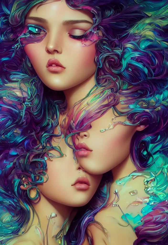 Image similar to beautiful, young woman, detailed gorgeous face, vaporwave aesthetic, synthwave, colorful, psychedelic, artstation, concept art, smooth, extremely sharp detail, finely tuned detail, ultra high definition, 8 k, unreal engine 5, ultra sharp focus, illustration, art by artgerm mary dimova, jim lee, greg rutkowski and alphonse mucha