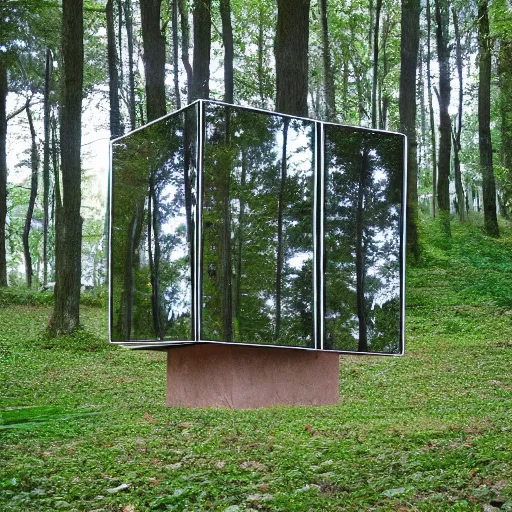 Prompt: a mirrored cube sits in a forest