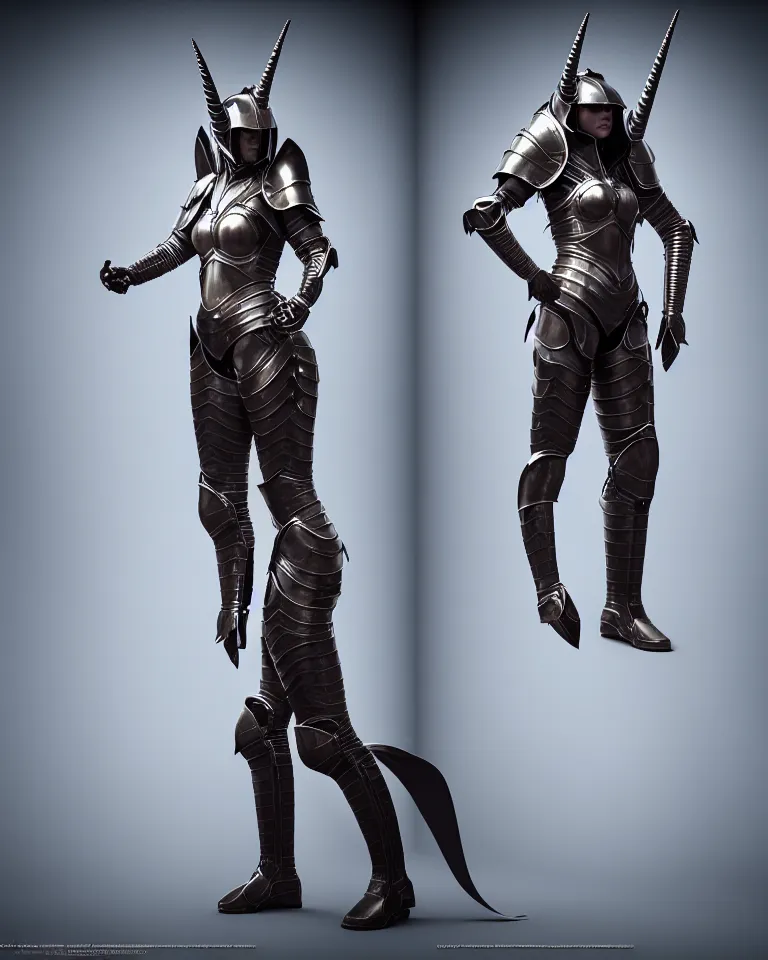 Image similar to epic portrait of female alien unicorn in plate armour by cleavanger and elvgren epic awesome symmetrical octane vfx maya render realistic