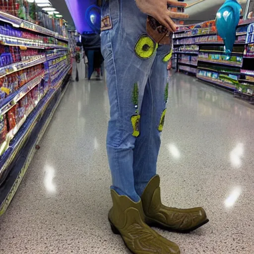 Image similar to real alien at Walmart, wearing cowboy boots, photo, photorealistic, ultra realism, intricate