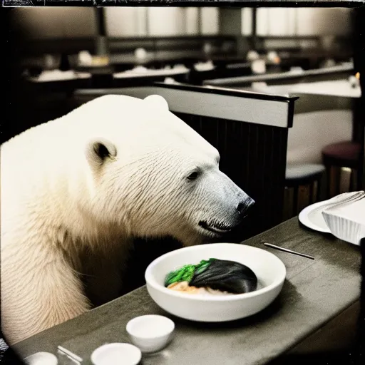 Prompt: a polar bear eating at a sushi restaurant, polaroid, flash photograph