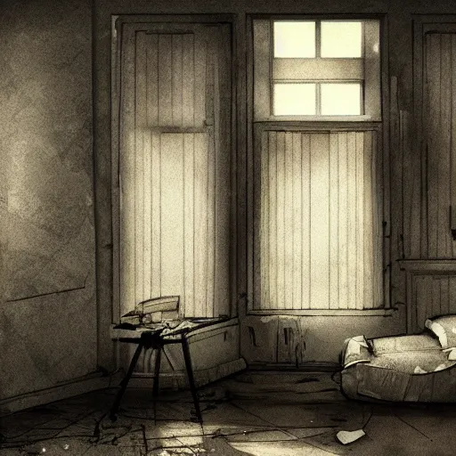 Image similar to derelict hotel room, abandoned, messy, moody atmosphere, sunlight through window blinds, dusty room, creepy, detailed sketch, artstation award