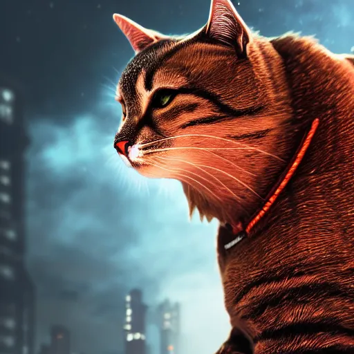 Prompt: a full body shot of an imposing cyborg ( cat ) modeled after a cat looking into the camera, android, cyborg, full body shot, intricate, 3 d, hyper realism, symmetrical, octane render, strong bokeh, fantasy, highly detailed, red, depth of field, digital art, artstation, concept art, cinematic lighting, trending