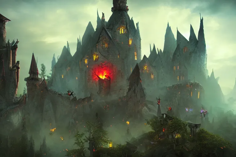 Image similar to big evil fairy castle - city rock dark shadow elves, might and magic heroes 7, dark fantasy, shadows, artstation trending, unreal engine 5, red