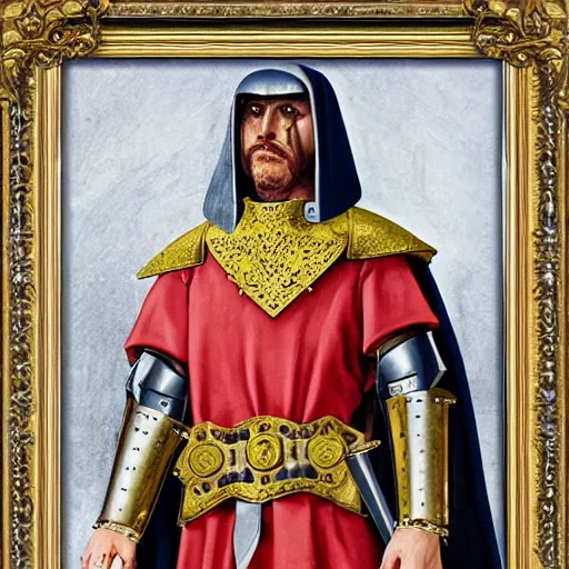 Image similar to man in 15 century decorated crusader armor and cape with crusader insignia oil painting realistic