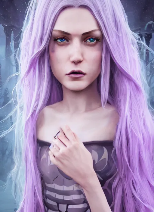 Image similar to An epic fantasy comic book style portrait painting of a pale girl with long straight white hair, lilac pupil, she is wearing a dress with a chess pattern, Unreal 5, DAZ, hyperrealistic, octane render, cosplay, RPG portrait, dynamic lighting