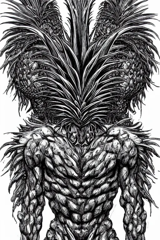 Image similar to pineapple humanoid figure monster, symmetrical, highly detailed, digital art, sharp focus, trending on art station, kentaro miura manga art style