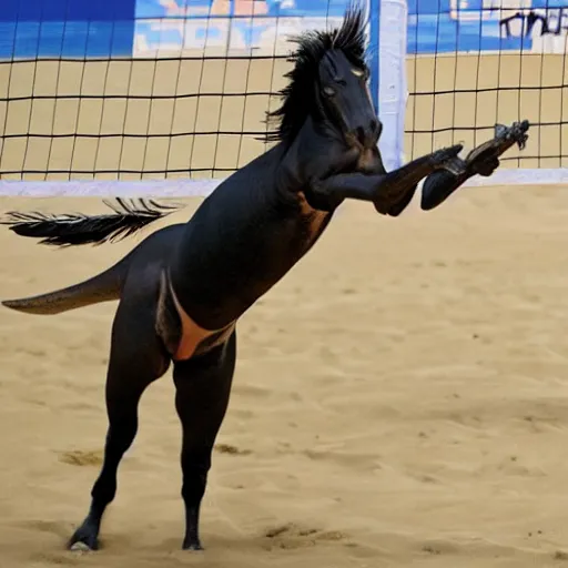 Image similar to a horse and a velociraptor playing volleyball