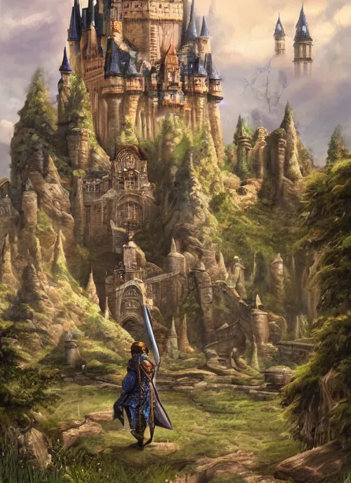 Prompt: huge and intricate castle in background, sword stuck in the dirt in the foreground, fantasy painting, realistic