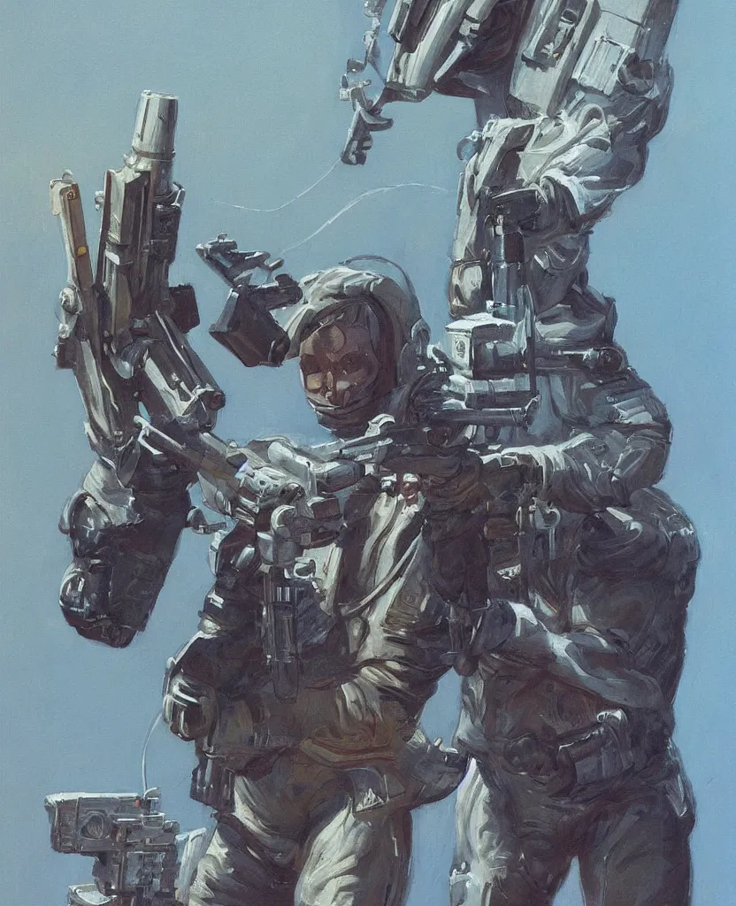 Image similar to a painting of a spaceman holding a rifle, concept art by michael whelan and tim white and vincent di fate, featured on deviantart, space art, concept art, sci - fi, cosmic horror