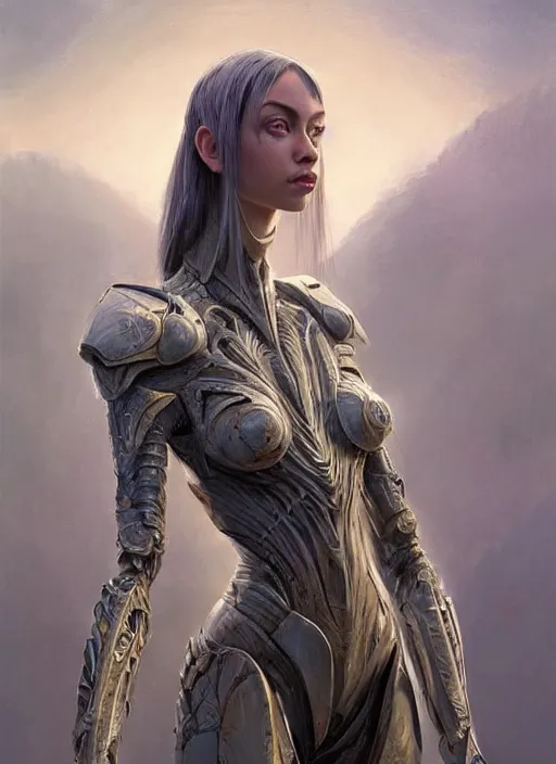 Image similar to a professional painting of a beautiful young female alien, clothed in ethereal armor, olive skin, long dark hair, beautiful bone structure, symmetrical facial features, intricate, elegant, digital painting, concept art, smooth, sharp focus, illustration, from Valerian and the City of a Thousand Planets, by Ruan Jia and Mandy Jurgens and Artgerm and William-Adolphe Bouguerea