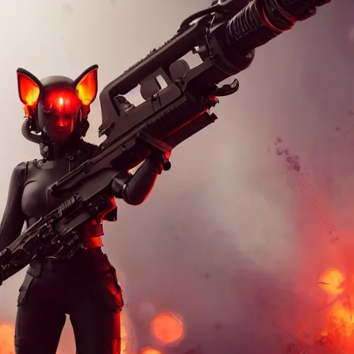 Image similar to close up of evil futuristic dystopian regime soldier, plasma gun, blonde hair, fox ears on hair, human, female, concept design, contrast, hot toys, kim jung gi, greg rutkowski, zabrocki, karlkka, jayison devadas, trending on artstation, 8 k, ultra wide angle, pincushion lens effect, red and black color scheme