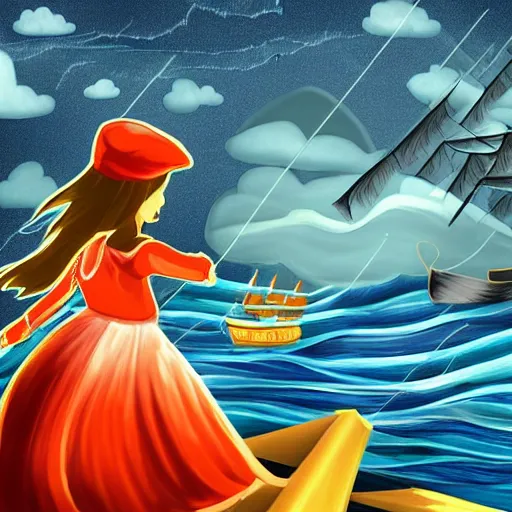 Image similar to a girl is pirate in a ship which is sailing in dark sea sky is dark blue and clouds and thunderstorms coming in far waves are big detailed picture