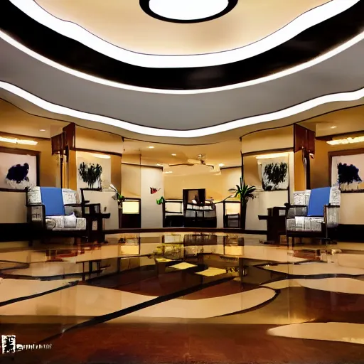 Prompt: wide angle view of an elegant metro hotel lobby, modern anime style, official anime still