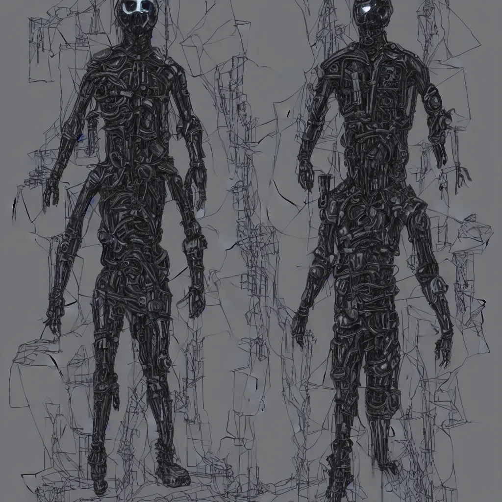 Image similar to full-body dark creepy cybergoth realistic diagram drawing central composition a decapitated soldier with futuristic elements. he welcomes you with no head, dark dimension, empty helmet inside is occult mystical symbolism headless full-length view. standing on ancient altar eldritch energies disturbing frightening terrifying darkness, hyper realism, 8k, sharpened depth of field, 3D