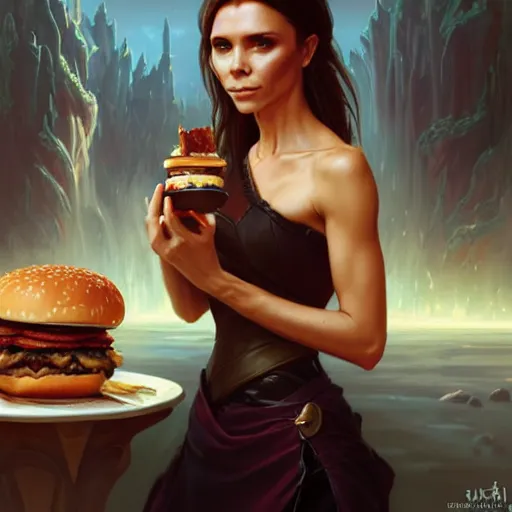 Prompt: Victoria Beckham Eating Big Macs, dripping BBQ Sauce, serving burgers, D&D, fantasy, intricate, elegant, highly detailed, digital painting, artstation, concept art, matte, sharp focus, illustration, hearthstone, art by Artgerm and Greg Rutkowski and Alphonse Mucha