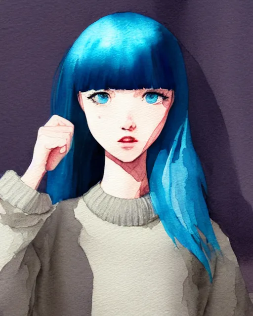 Image similar to watercolor painting of a pretty girl with Blue hair, wearing an oversized sweater, sitting by a windowsill, night, holding a mug of hot tea. In the style of ilya kuvshinov, dramatic lighting, fantasy, intricate, elegant, highly detailed, lifelike, photorealistic, digital painting, bokeh, HDR, high resolution, artstation, concept art, smooth, sharp focus, art by Krenz Cushart and Albert Aublet