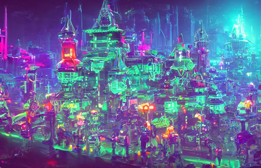 Prompt: a futuristic neon castle, crowded, plastic, nature, robots, digital art.