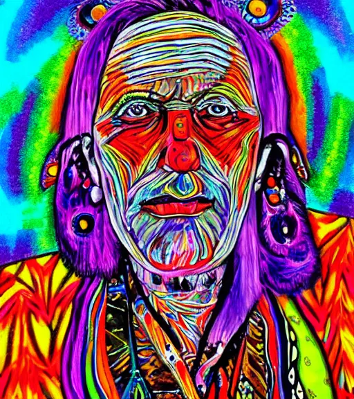 Image similar to Portrait painting in psychodelic style of an old shaman dressed in a colorful traditional clothes.
