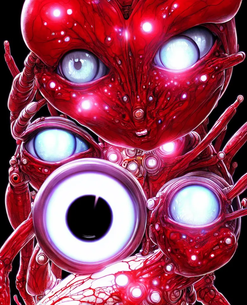 Image similar to an alien with 4 eyes and a white and red body, yellow glowing eyes, digital art, trending on artstation, symmetric, hyperrealistic, by yoshitaka amano, by yukito kishiro, by yoshiyuki sadamoto