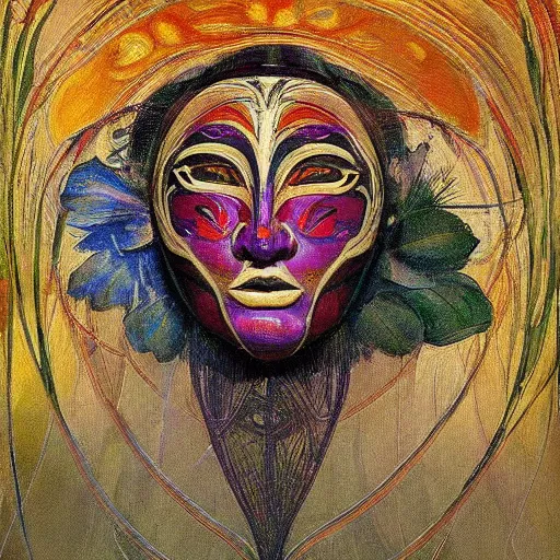 Image similar to a masterpiece painting of a facemask made of stylized flowers, by annie swynnerton and jean delville and tino rodriguez, flower mask, art deco shaman, art brut, symbolist, dramatic cinematic lighting, god rays, iridescent beetles, clean crisp graphics, smooth sharp focus, extremely detailed