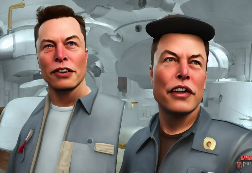 Image similar to elon musk in team fortress 2, elon musk in the video game team fortress, gameplay screenshot, close up, 3 d rendering. unreal engine. amazing likeness. very detailed.