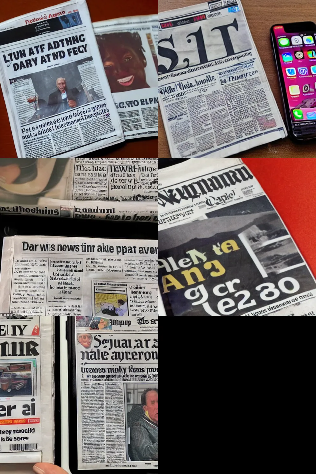Prompt: a photo of a newspaper clearly showing today's date and an advert for the new iPhone