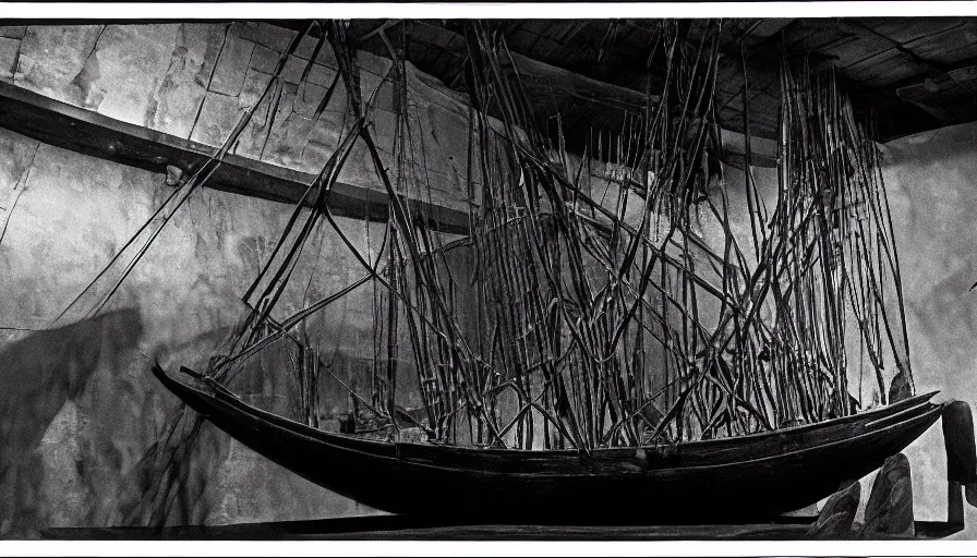 Prompt: 1 9 6 0 s movie still by tarkovsky of an elder quetzalcoatl in dark drapery inside a barque in a neoclassical canal, cinestill 8 0 0 t 3 5 mm b & w, high quality, heavy grain, high detail, panoramic, ultra wide lens, cinematic composition, dramatic light, anamorphic, piranesi style