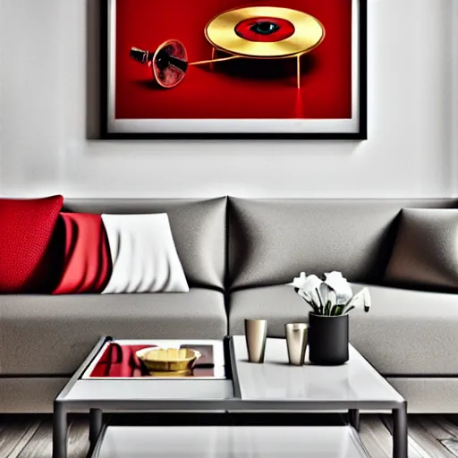 Image similar to droid in red room listening gold gramophone, high quality image, denoise