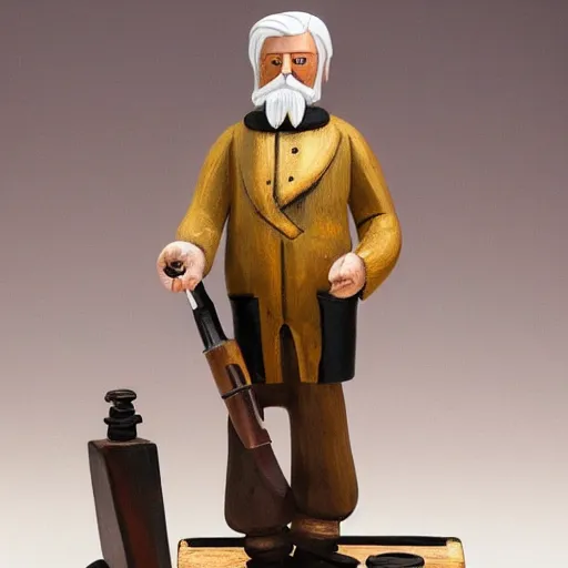 Prompt: a painted wooden figurine of a serious looking, old, ship captain with white hair, white beard, wearing an eyepatch, with a black cigar pipe, a black coat, and white captain's cap with gold accents, standing with one wooded leg, on a cuboidal wooden platform