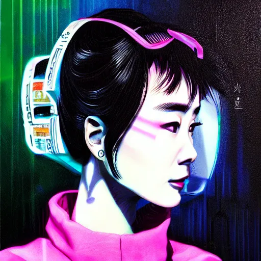 Prompt: korean audrey hepburn, detailed cyberpunk vaporwave portrait by tim doyle, oil on canvas