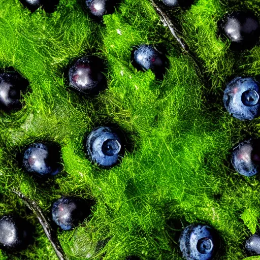 Prompt: closeup of a leafy blueberry bush in nordic forest with moss and twigs. Digital art. 4K. Artistic. Detailed drawing. Trending on artstation.