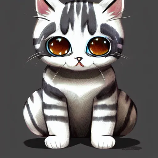 Image similar to kawaii greystriped cat looking cute, concept art, highly artstation, detailed, cartoon