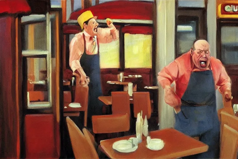 Image similar to a grumpy busser in a restaurant yells at the owner, art by dean macadam