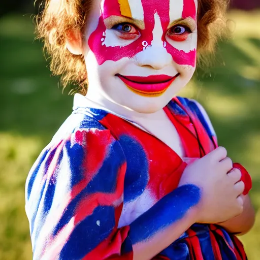 Image similar to A portrait of a girl who has face-painting like a clown smiling creepily. Depth of field. Lens flare