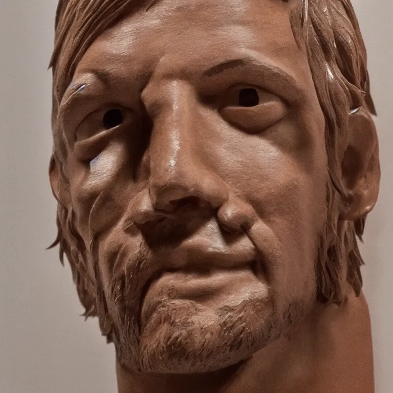 Image similar to enormous geometric minimalist accurate sculpture of norman reedus sticking out his tongue, beautiful symmetrical!! face accurate face detailed face realistic proportions, hand - carved out of mahogany wood on a pedestal by stephan balkenhol and martin puryear, cinematic lighting shocking detail 8 k