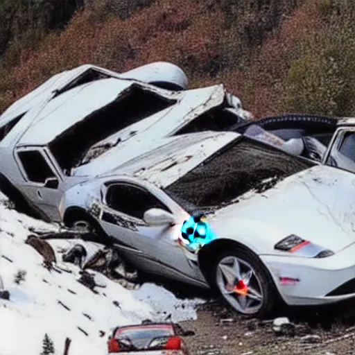 Prompt: crashed ferrari, 3 model lines on top of mount everest