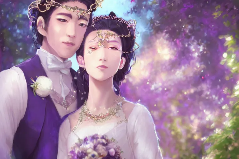 Image similar to a cinematic portrait of wedding photograph jpeg close up moment of a divine a japan sun god and moon goddess lovers magician at a wedding banquet. portraiture. digital painting. artstation. concept art. fantasy wedding photo. digital painting, 8 k realistic, hyper detailed, violet evergarden art masterpiece by art by krenz cushart