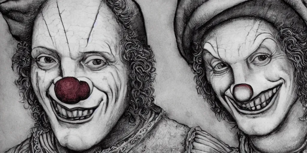 Prompt: realistic portrait of a medieval clown, 1450, ink, 8k, ultra realistic