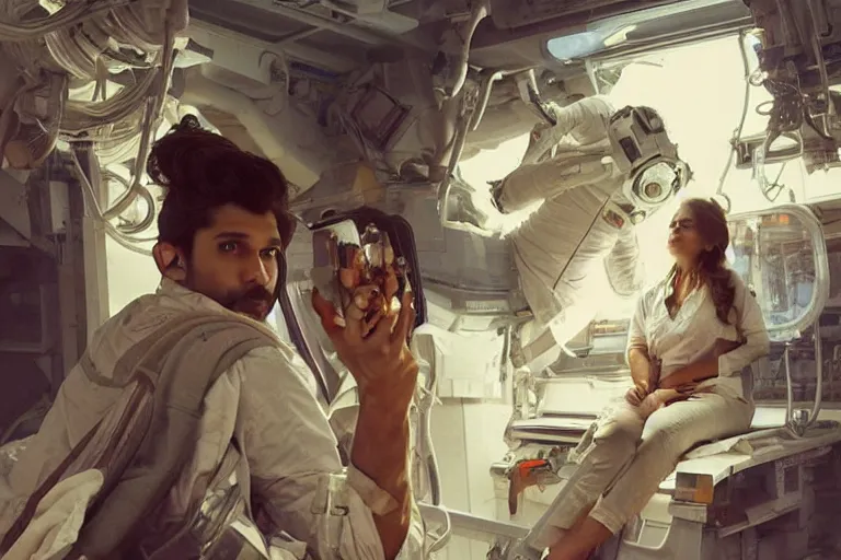 Image similar to Exhausted good looking pale young Indian doctors wearing jeans in a space station above Earth performing surgery, portrait, elegant, intricate, digital painting, artstation, concept art, smooth, sharp focus, illustration, art by artgerm and greg rutkowski and alphonse mucha