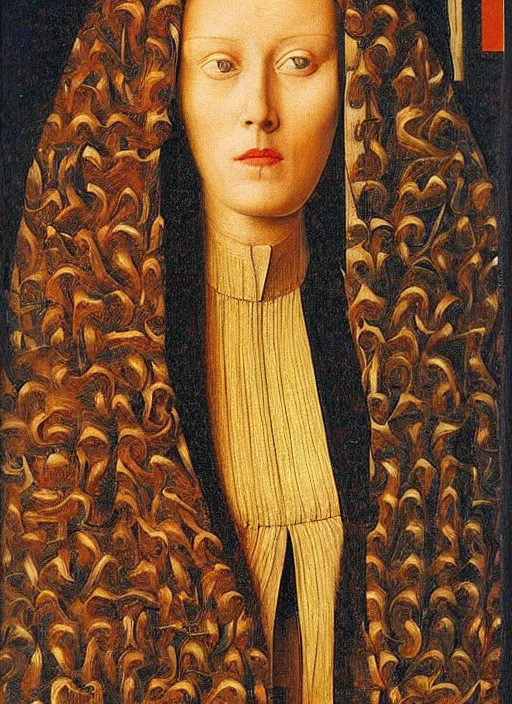 Prompt: a portrait of a woman jacked into a brain-machine interface by Jan van Eyck