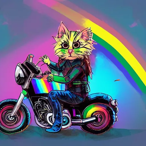 Image similar to wide angle full body, jacket wearing fluffy cute rainbow kitten wearing a black leather motorcycle jacket, riding on a motorcycle, cinematic concept art