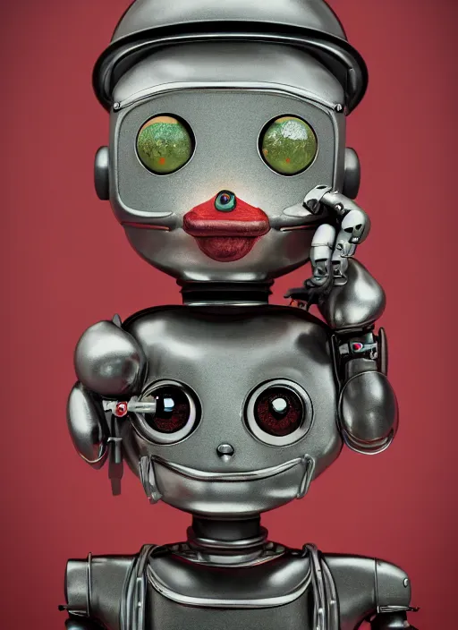 Image similar to closeup portrait of tin toy robot eating tin toy cakes, depth of field, zeiss lens, detailed, symmetrical, centered, fashion photoshoot, by nicoletta ceccoli, mark ryden, lostfish, breathtaking, 8 k resolution, extremely detailed, beautiful, establishing shot, artistic, hyperrealistic, octane render